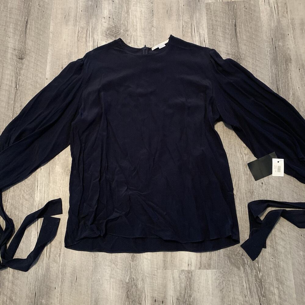 Stella McCartney Silk Blouse Womens 2-4 38 Black Crewneck 3/4 Bell Sleeve w Ties